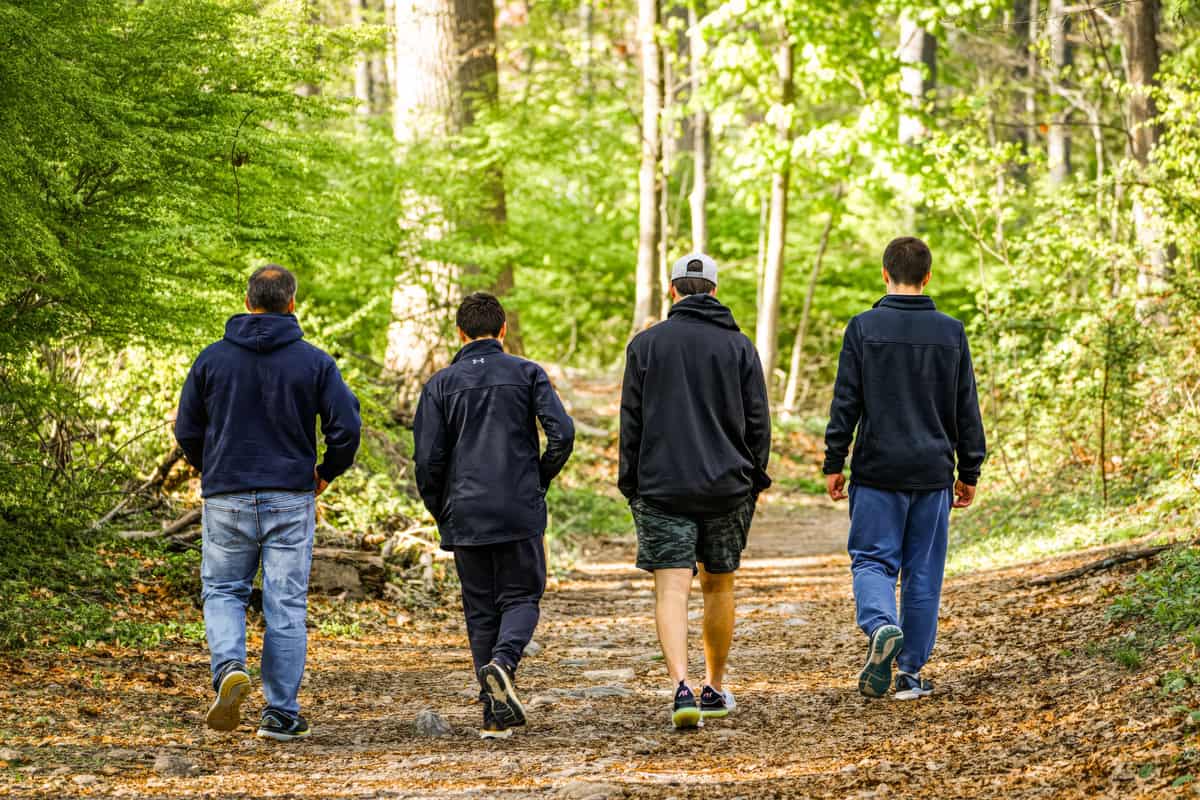 Four men walking together along a woodland trail