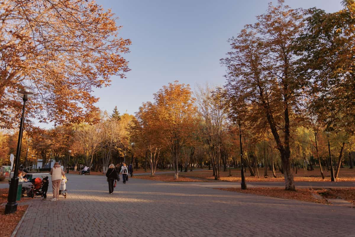 People walking through a park in autumn